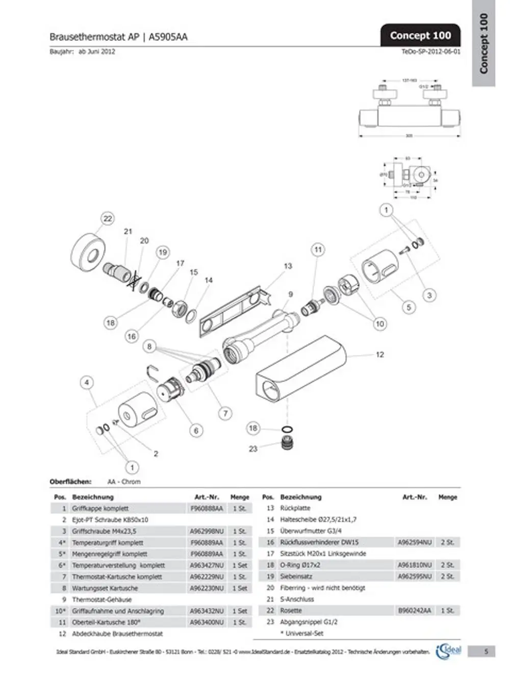 Ideal Standard Griffkappe mit O-Ring, im entspannten Zustand abgebildet, Teil eines Duschthermostats, technische Darstellung mit verschiedenen Komponenten und Artikelinformationen.